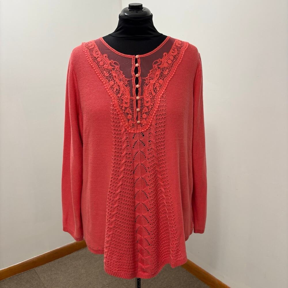 Roamans Womens 1X 22/24 Coral Lace Knit Tunic Sweater Crochet Boho Cotton Blend